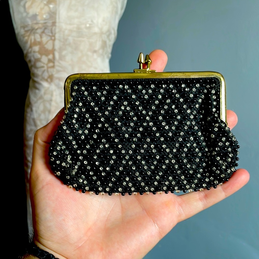 Vintage Elegant Black and Clear Beaded Clutch by, St. Thomas 50s/60s
